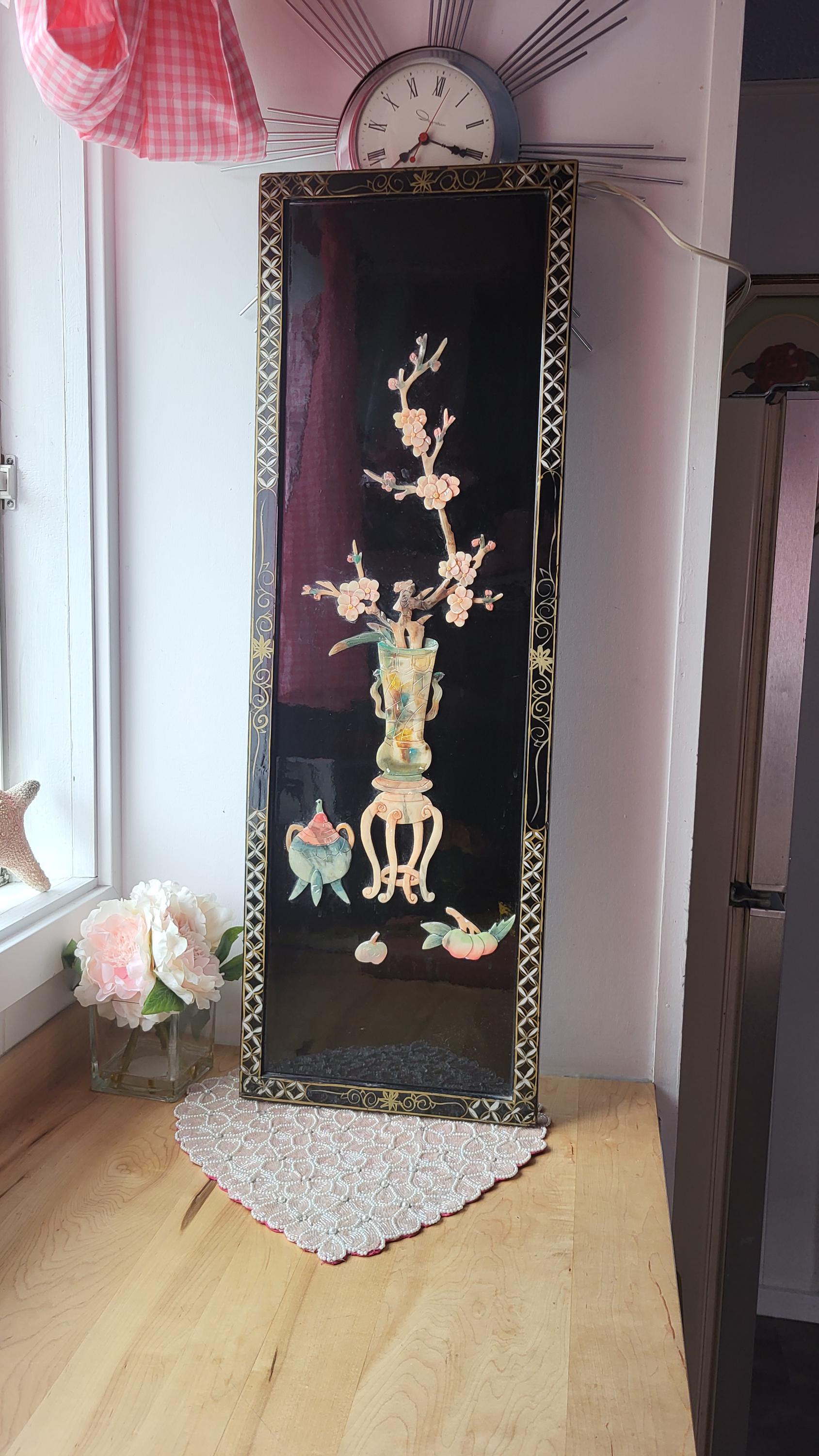 Vintage Asian Black Lacquer Wall Panel 3D Stone Art of Flower