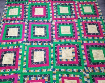 Vintage Handmade 70's Colorful Bed Cover Patchwork Courte Pointe Made in Canada 62"