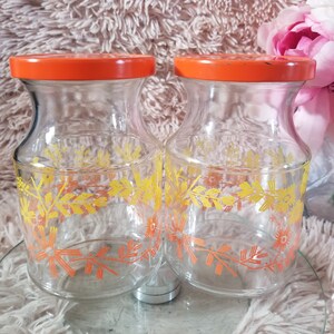 Vintage Set of 2 Sanka Instant Coffee Glass Jar - Orange & Yellow Pattern - Stacking Pot