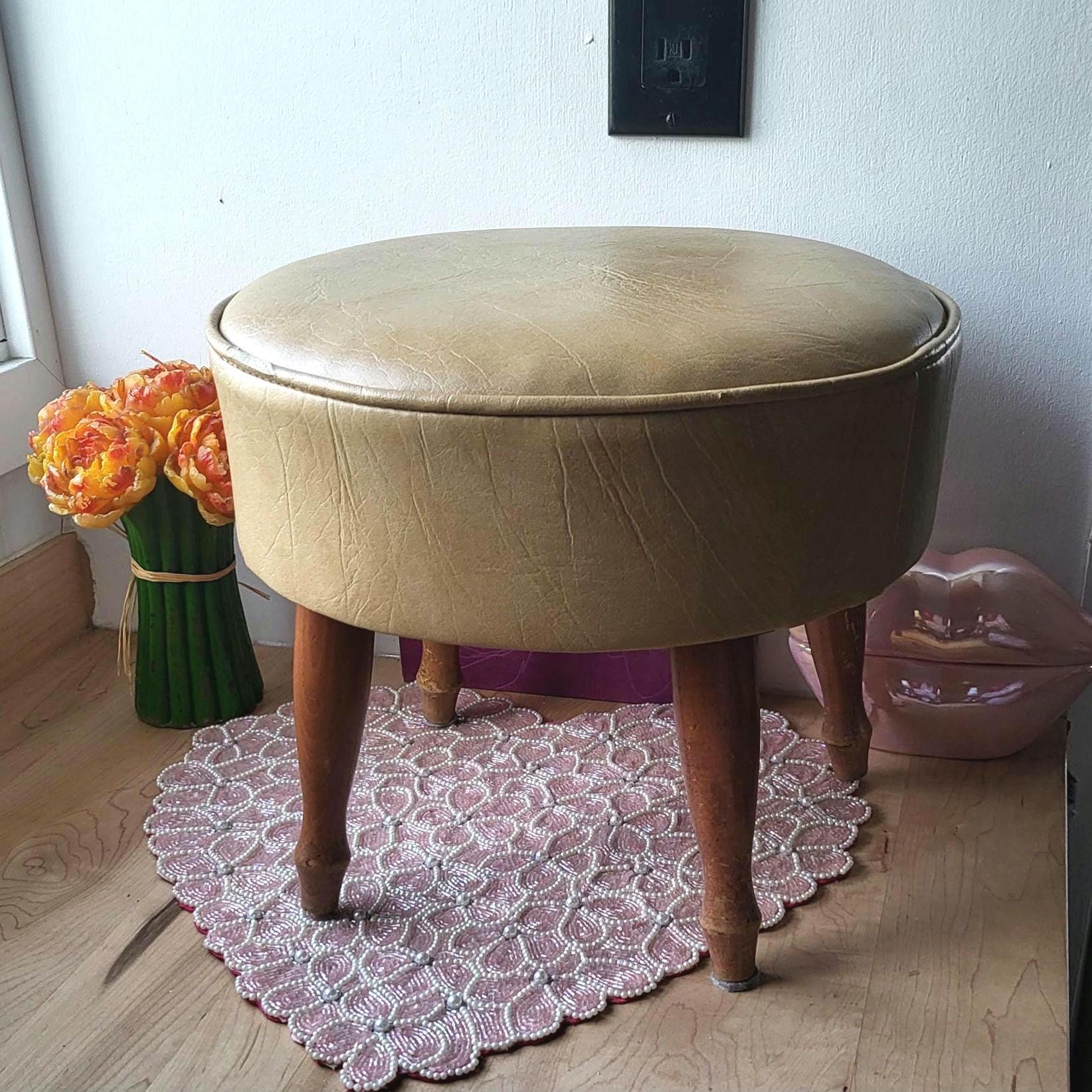 Mid Century Modern Round Ottoman Foot Stool With Tapered Legs, Retro ...