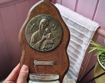 Antique French Virgin Mary Holy Water Font l Madonna And Child Benitier l Round Metal Relief of Our Lady of Perpetual Help