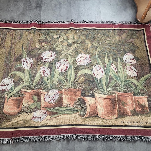 Manta de tulipanes vintage de Fabrice Villeneuve Goodwin Weavers, 100 % algodón, estilo cottagecore, 107 x 154 cm