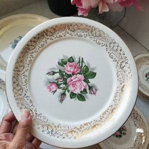 Georgian China TUDOR ROSE, Set of 25 Vintage Dinner Plates and Bowls, Pink Rose Center on Ivory