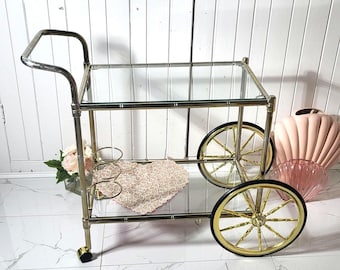 Vintage Hollywood Regency golden bar cart in bamboo look -  Faux Gold Bamboo with 3 Bottle Holder