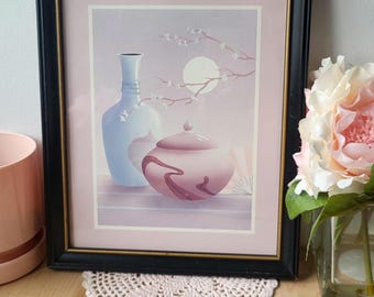 Vintage Pair of 80's Art Deco Floral & Vase Illustration Framed