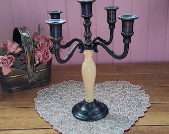 Vintage Brass 5-Arm Candelabra, Ornate Candle Holder Beige and Bronze Color