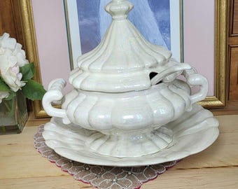 Vintage Classic White Iridescent Ceramic Soup Tureen with Spoon Handmade in Canada