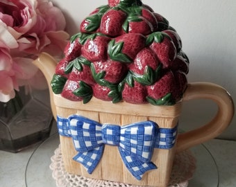 Strawberry Teapot, Peggy jo Ackley Ceramic Strawberry Bow Teapot Decorative Vintage, Vintage Strawberry Decor, Blue Gingham, Strawberry Pot