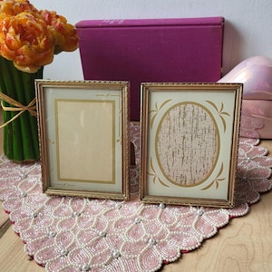Vintage Set of 2 Art Deco Print Beige & Gold Reverse Painted Glass Small Picture Frame Photo Frame