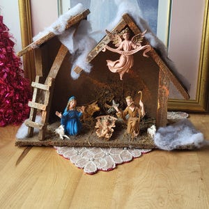 Vintage Nativity Scene Rustic Small Tabletop Christmas Decor Baby Jesus Crèche Holy Family Animals Wisemen Wooden Country Cottage