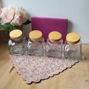 Vintage Set of 4 Wood & Glass Canisters, Wood Lid Canister, Pantry Storage, apothecary jars Spice Containers