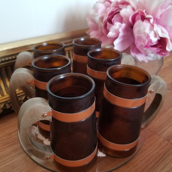 Ensemble vintage de 6 tasses givrées Siesta Ware brun ambre avec poignée en bois attachée tasses rétro verres années 70