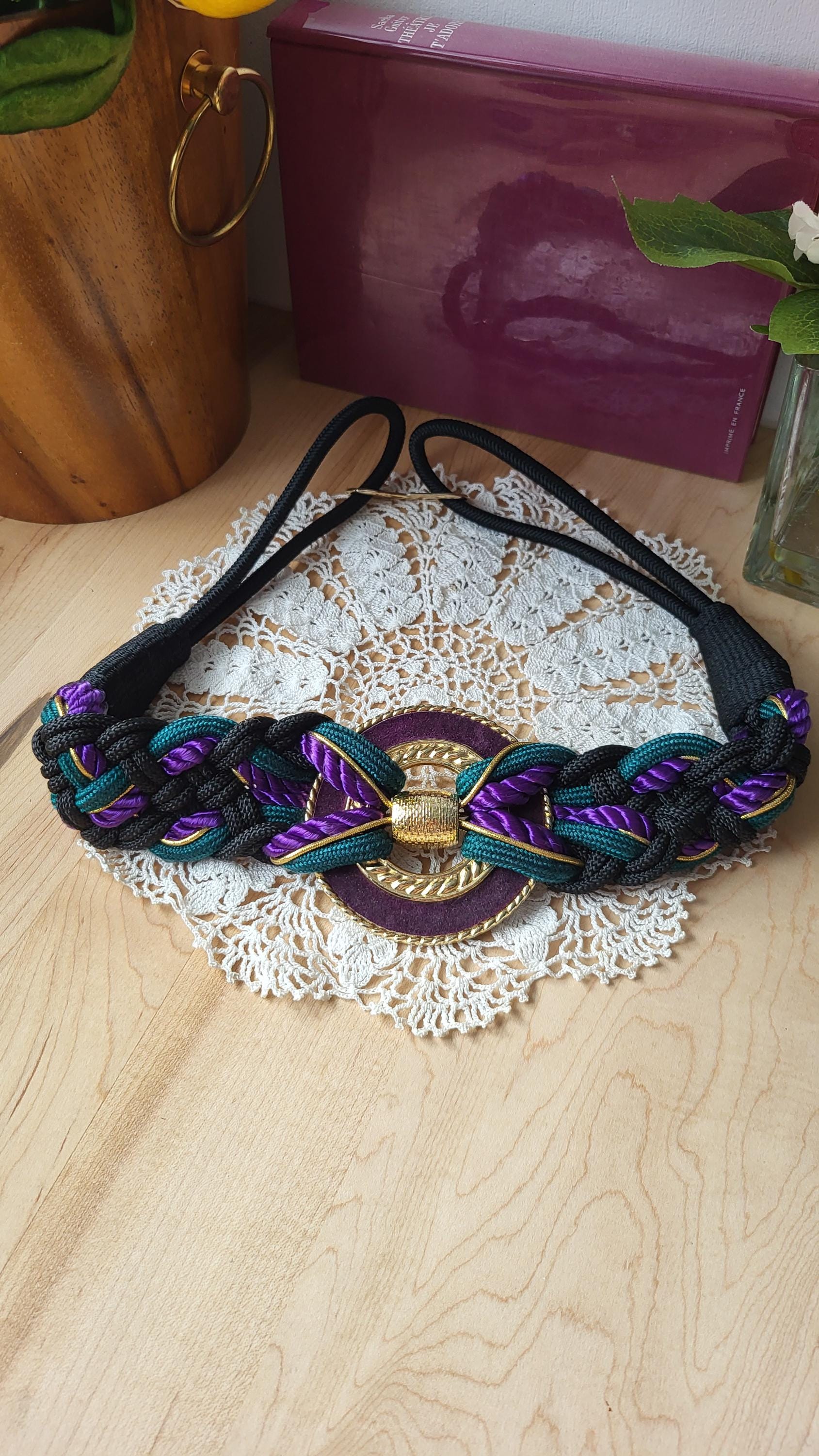 Vintage Black Green Purple & Gold Braided Belt With Big Gold  display picture 1