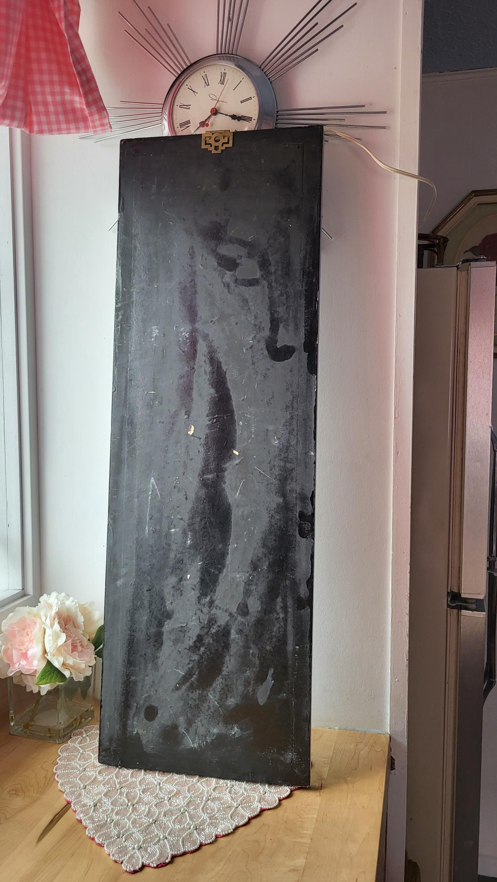 Vintage Asian Black Lacquer Wall Panel 3D Stone Art of Flower