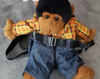 Vintage 90's Cute Monkey With Plaid Shirt and Jeans Stuffed Backpack