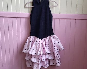 Vintage 80’s Black & Pink Drop Waist Polka Dot Party Dress Size Medium Lori Ann