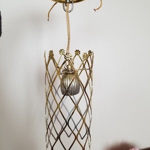 May include: A gold metal cage light fixture with a diamond pattern. The cage is attached to a gold metal ceiling plate with a chain.