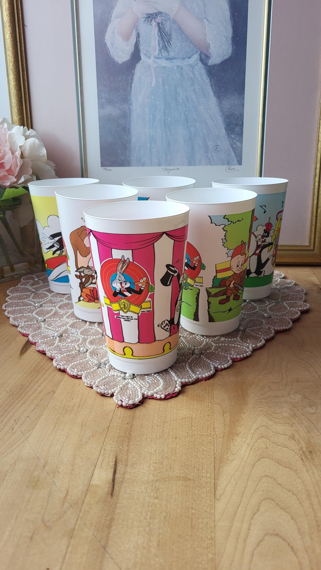 Vintage 1990 Set of 6 Looney Tunes 90s Plastic Drinking Cup Glass