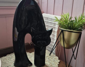 Vintage MCM Black Ceramic Cat Statue l Featuring a Stylized Arching Back Silhouette & a Sleek l High-Gloss Glaze Finish