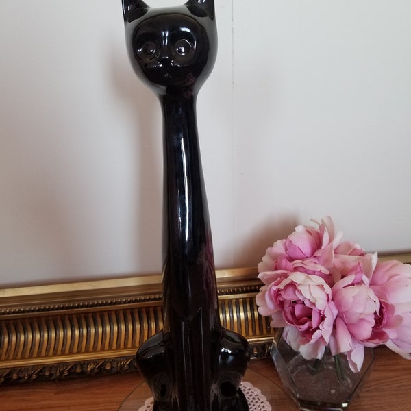 vintage Art Déco 80's Long Neck Cat Grande Céramique Noire Glacée 21 » De Haut