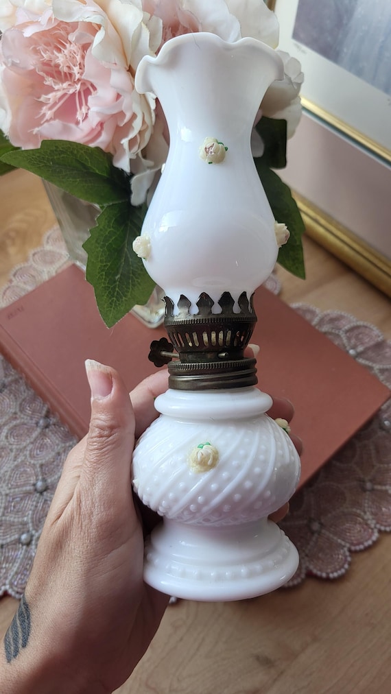 Vintage Miniature Oil Hurricane Fairy Lamp Milk Glass Beaded