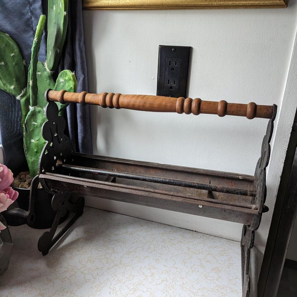 Vintage Cast Iron Newspaper Log Roller Fireplace Hearth Decor Paper Roll Holder Wood Handle Hand Crank Rustic Lodge Farmhouse