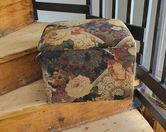 Vintage Retro Floral Needlepoint Ottoman. Beautiful Vintage Pouf. Storage Pouf. Home Decor.