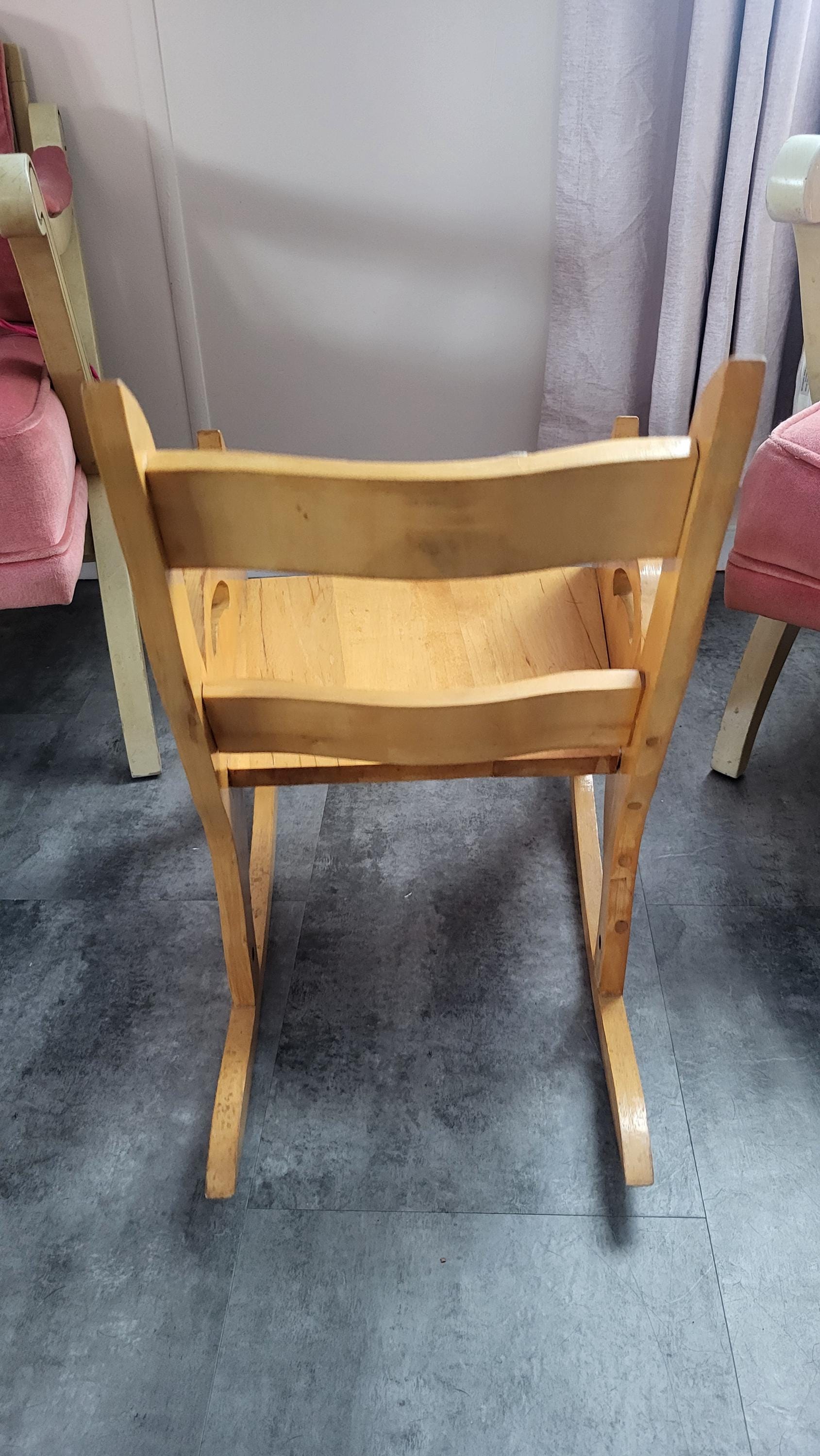 Vintage Children's Solid Wood Rocking Cat Chair. Antique Wood