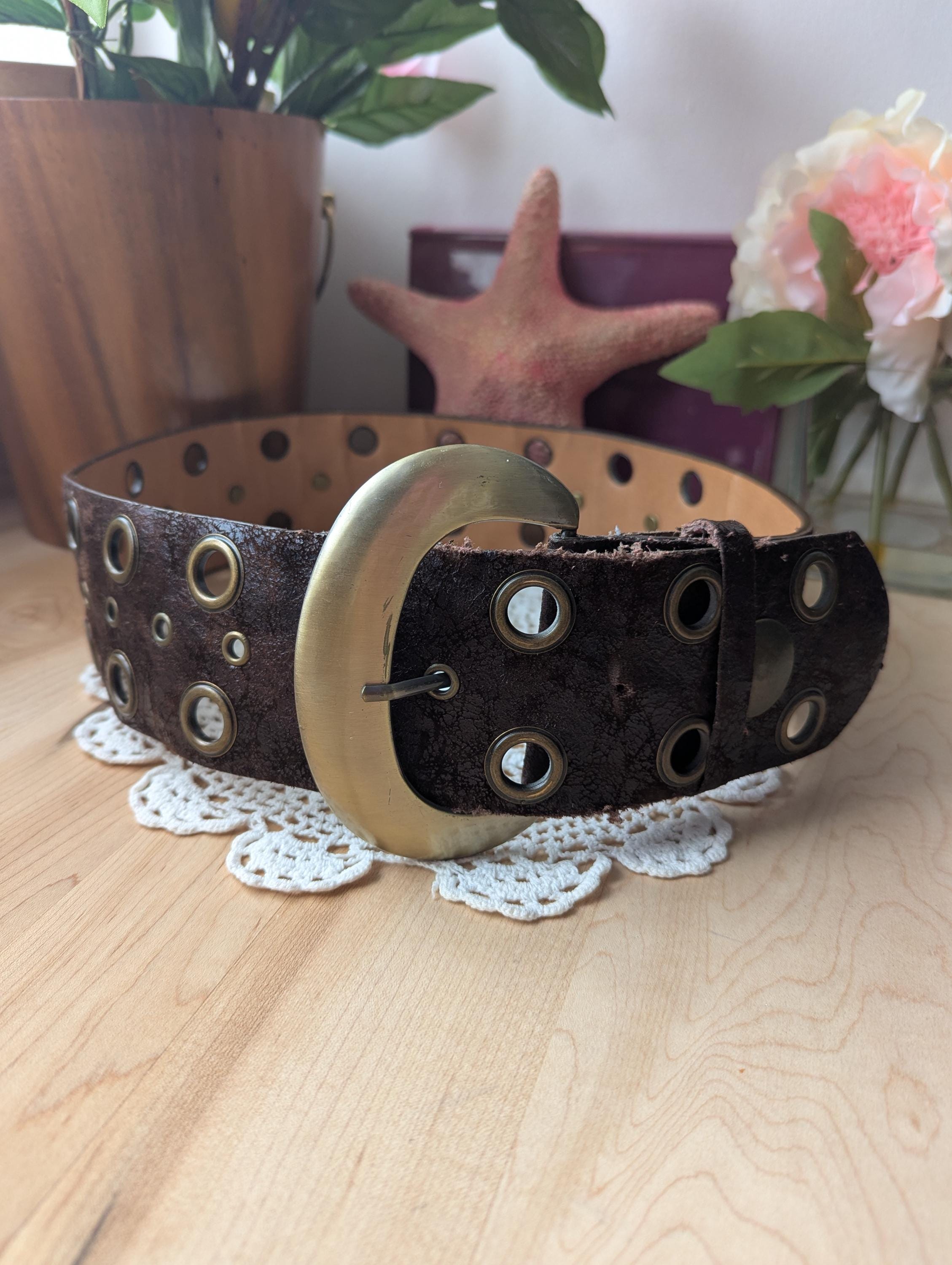 Womens wide boho leather belt vintage western chunky waist belt with metal buckl Vintage Y2K Statement Belt Brown Metallic Bronze Leather  main image 3