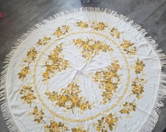 Vintage 70's Cloth Table Cover Round Fringed Yellow Orange Brown Roses Print Patio Picnic Outdoor 56"