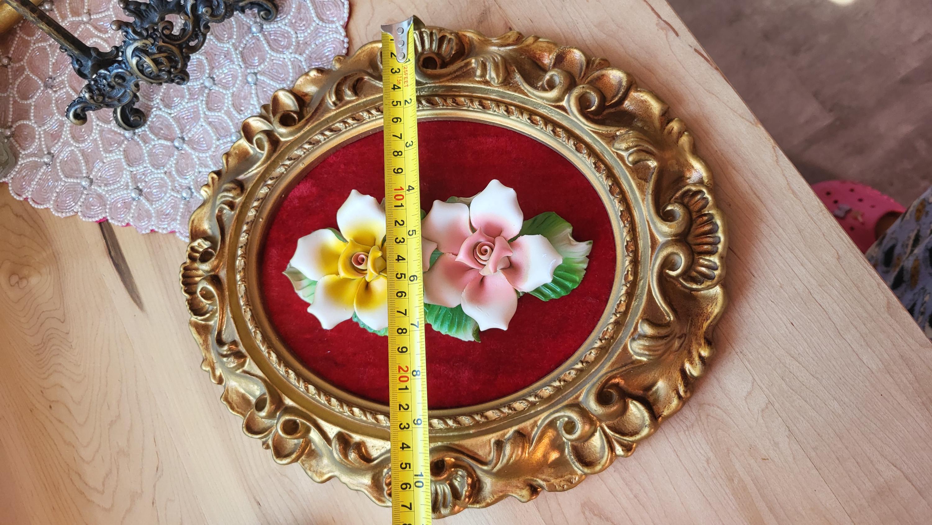 Framed Capodimonte Roses 3D Ceramic Wall Art , Cottage Core Red