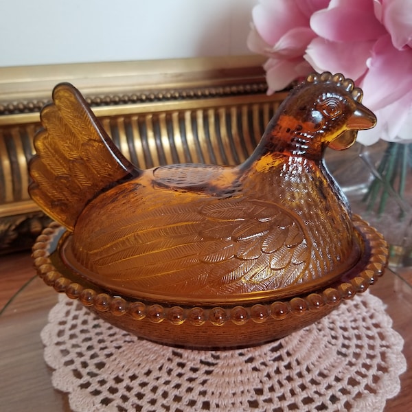 Vintage Huhn auf Nest Glass Candy Dish, Bernsteinglas