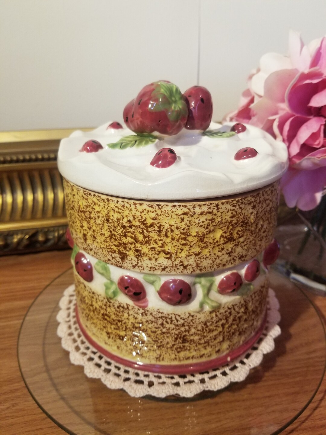 Vintage Ceramic Strawberry Layer Cake Cookie Jar Canister Etsy UK