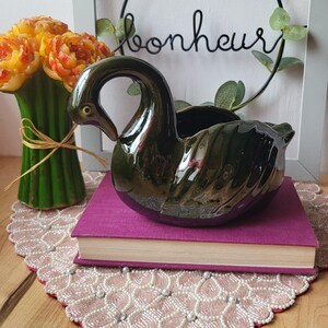 Vintage Mid Century Green Forest Glaze Swan Pottery Ashtray Planter
