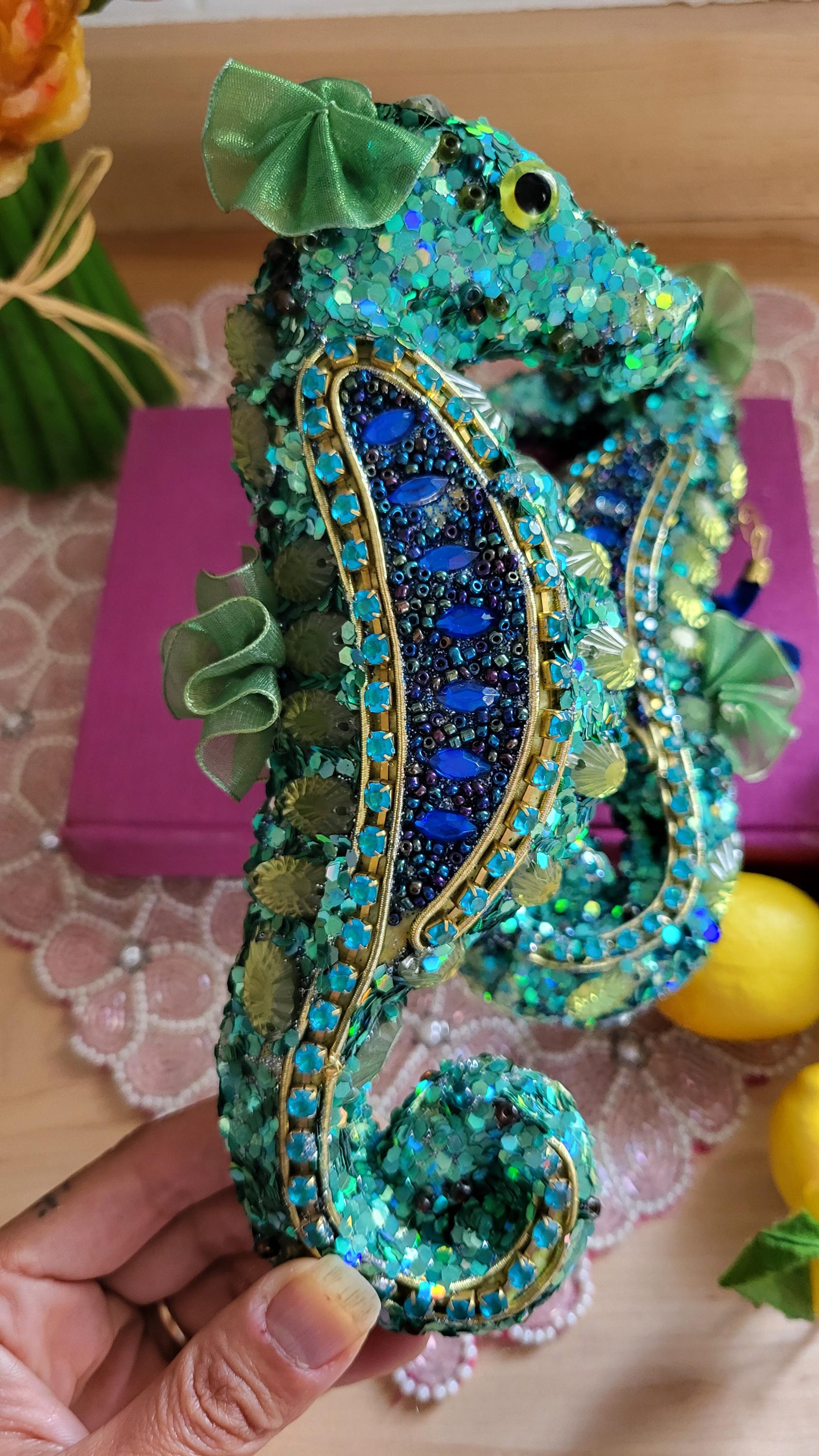 Vintage Pair of Bead & Sequin Large Ornaments Sea Horse Seahorse