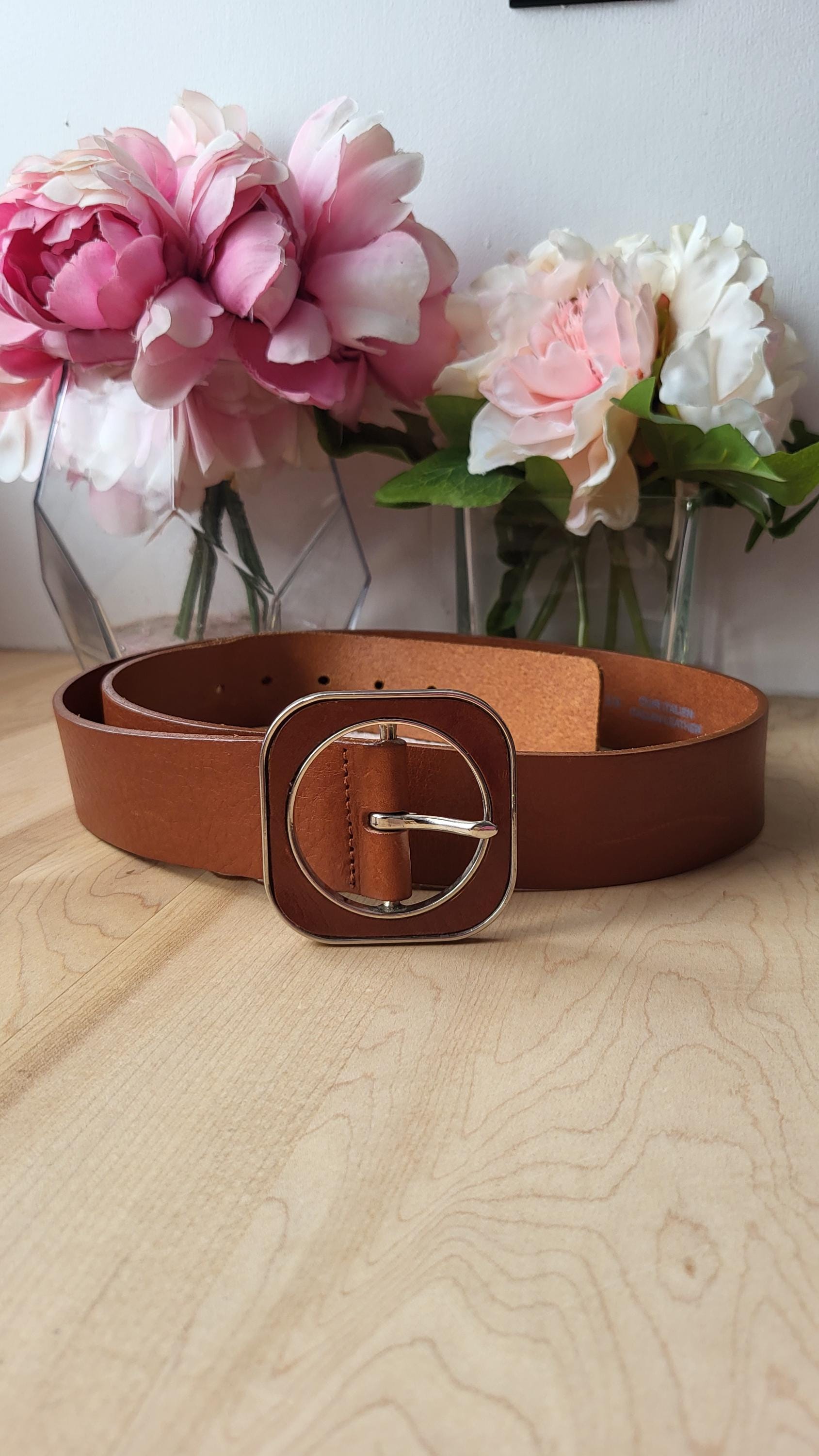 Vintage Square Buckle Leather Belt Retro 70’s medium 60s 70s White Leather Retro Wide Leather Belt Steel Square  main image 2