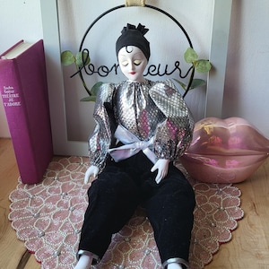 Vintage Collectable Pierrot Jester Harlequin Clown Silver & Black Velvet Costume Art Deco 80&#39;s  Porcelain Handpainted