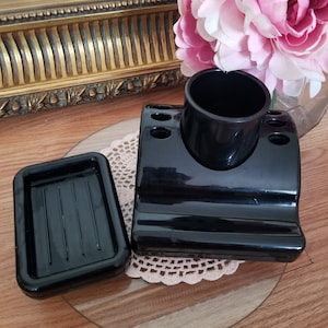 Vintage 80er Schwarz Kunststoff Badezimmer Set, 3-teiliges Set, Zahnbürstenhalter, Zahnpasta, Trinkbecher, Seifenhalter VTG Badezimmer Organizer, Retro