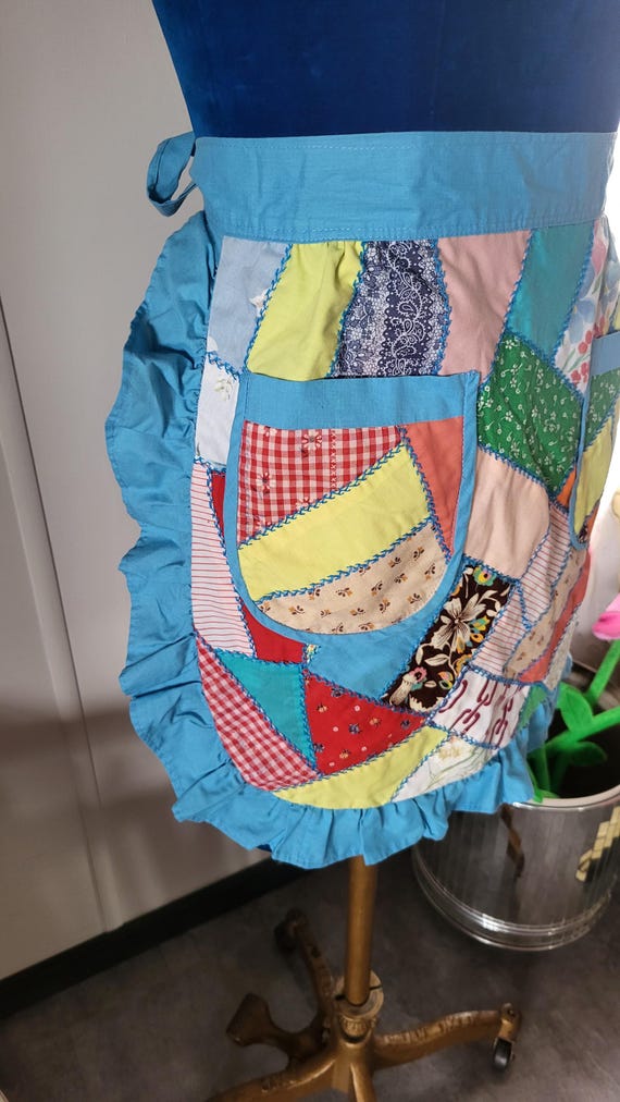 Vintage Patchwork Half Apron Mod Fabric Blue Colo… - image 3