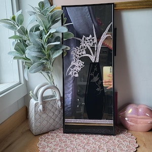 Vintage 80s Retro Exotic Kitsch Boho Black Framed Wall Mirror Postmodern Printed Etched Graphic Flower Vase Rectangular Hanging Mirror
