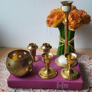 Vintage Set of 6 Brass Candle Holder Celestial Stars Nacre Mother of Pearl Individual
