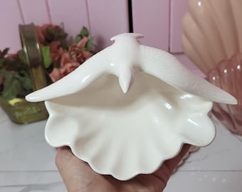 Vintage Soap Holder or Ashtray, Porcelain Pottery Sea Shell Shape Bathroom Decor,Seagull,Beach Decor Ring Dish Handmade Signed