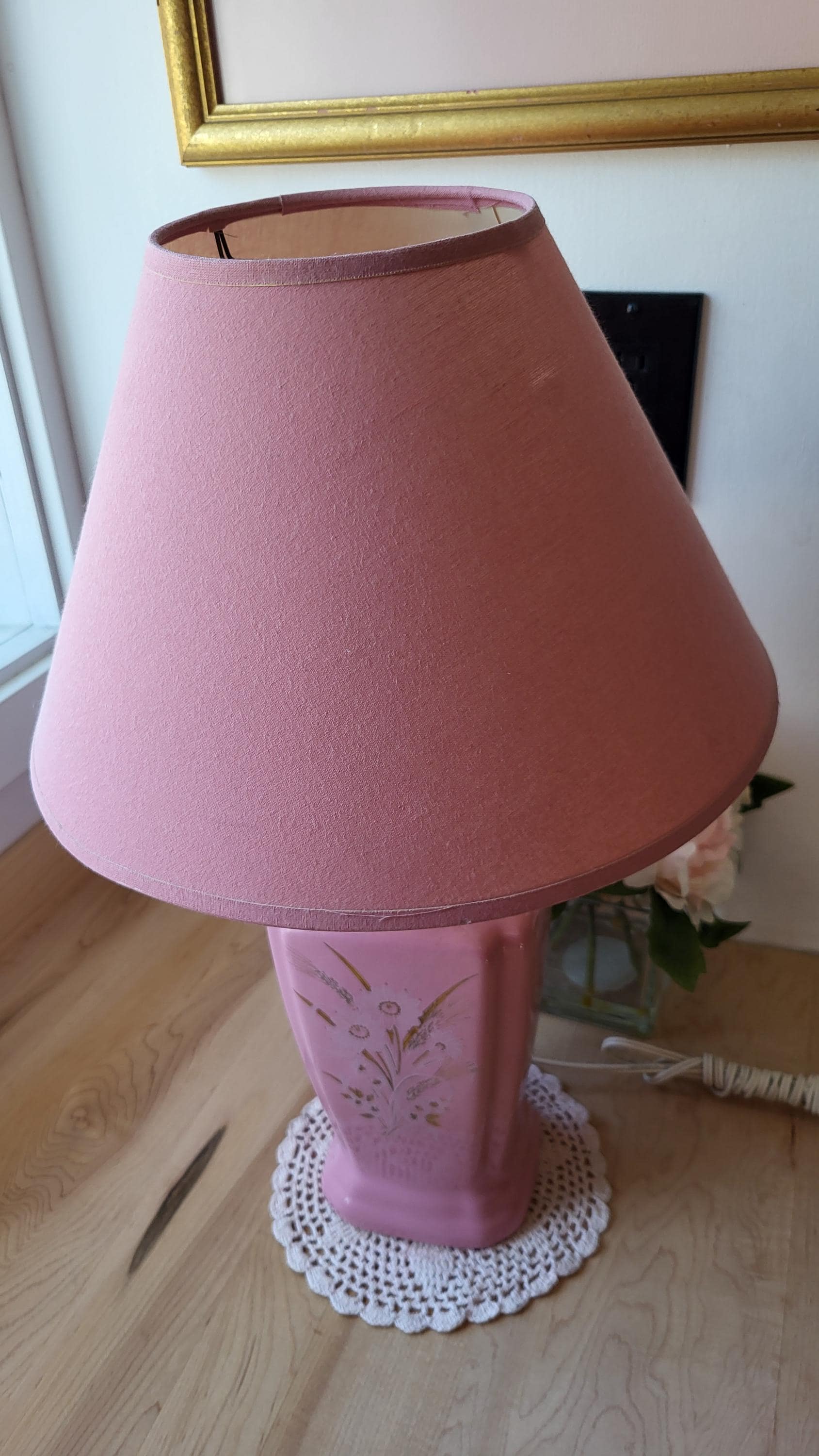 Vintage Pink Floral Glass Lamp – Flowers and Weat Pastel Lamp, 80s
