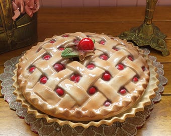 Vintage 1980er Jahre handbemalte Keramik Tortenplatte / Tortenhalter aus roter Keramik