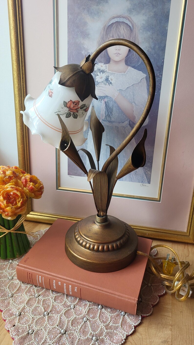 Vintage Swan Neck Table Lamp – Tulip Glass Milk Shade, Metal Flower ...