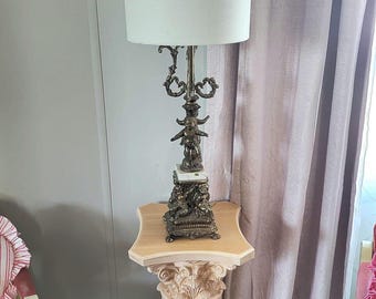 Vintage Large Lamp Bell Shade Rustic Decor Lights. Antique Look Lamp Accent Cherubin Lamp. Hollywood Regency. Victorian Baroque Style.