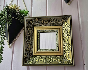 Vintage Wooden Square Wall Mirror Featuring an Ornate Baroque-Style Gold Frame with a Dark Patina l Made in Canada