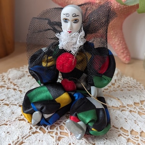 Vintage Pierrot Clown Doll Porcelain Head Arms Feet Silver & Harlequin Costume Collectable Doll