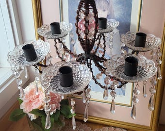 Vintage All Beaded and Metal Candlestick Holder 6 Branches Pink Bronze and Clear Color Chandelier