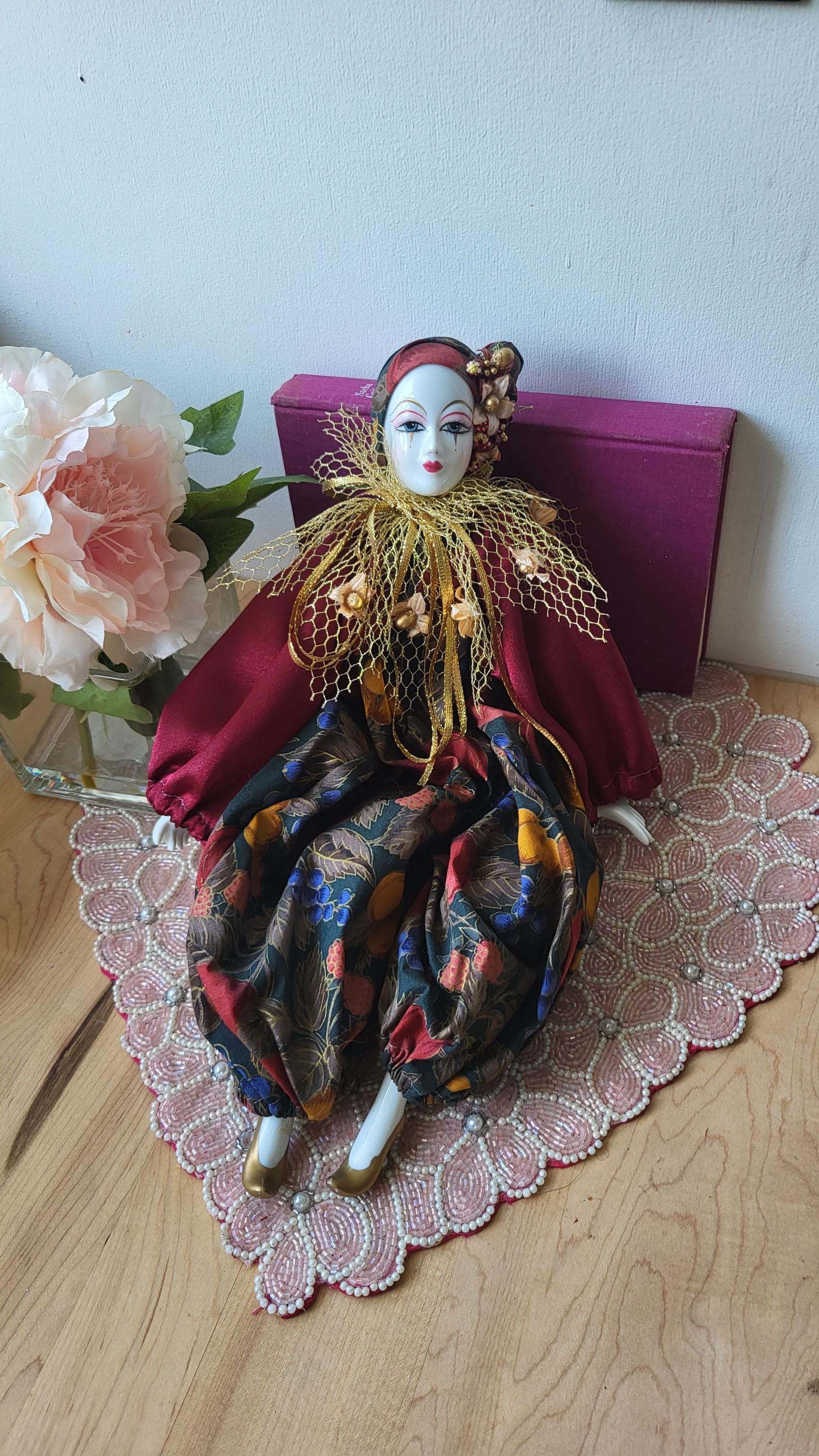 Vintage Collectable Pierrot Jester Harlequin Clown Fruit Burgundy